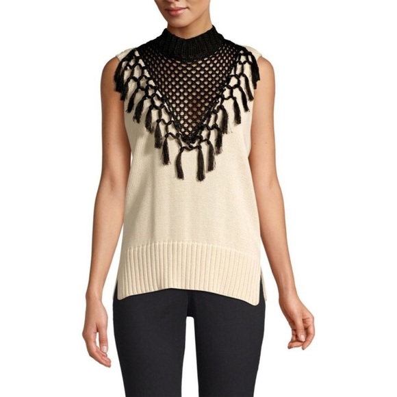 Yigal Azrouel Jet Ivory Macrame Fringe Knit Vest Sleeveless Sweater NWT Size M - Picture 1 of 12